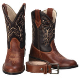 Kit Bota Texana Masculina Marrom: Bota Country Couro Legítimo + Cinto Cowboy