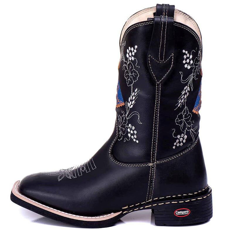 Bota Texana Feminina Couro Preto Bordado Nossa Senhora Conforto Estilo Country Ref. 709