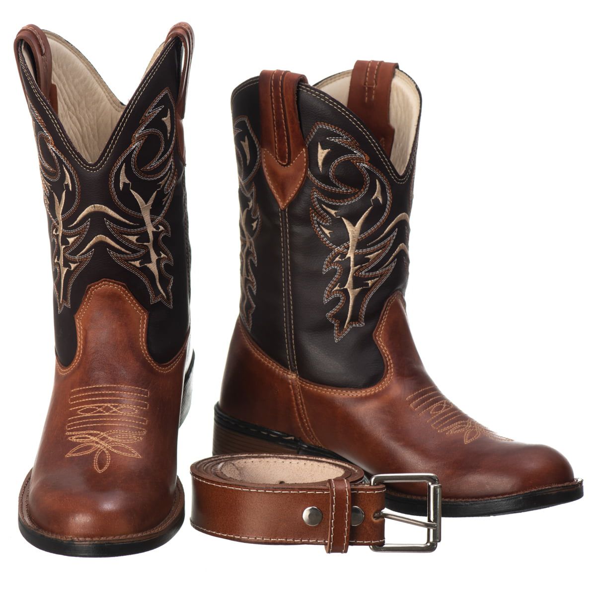 Kit Bota Texana Masculina Marrom: Bota Country Couro Legítimo + Cinto Cowboy