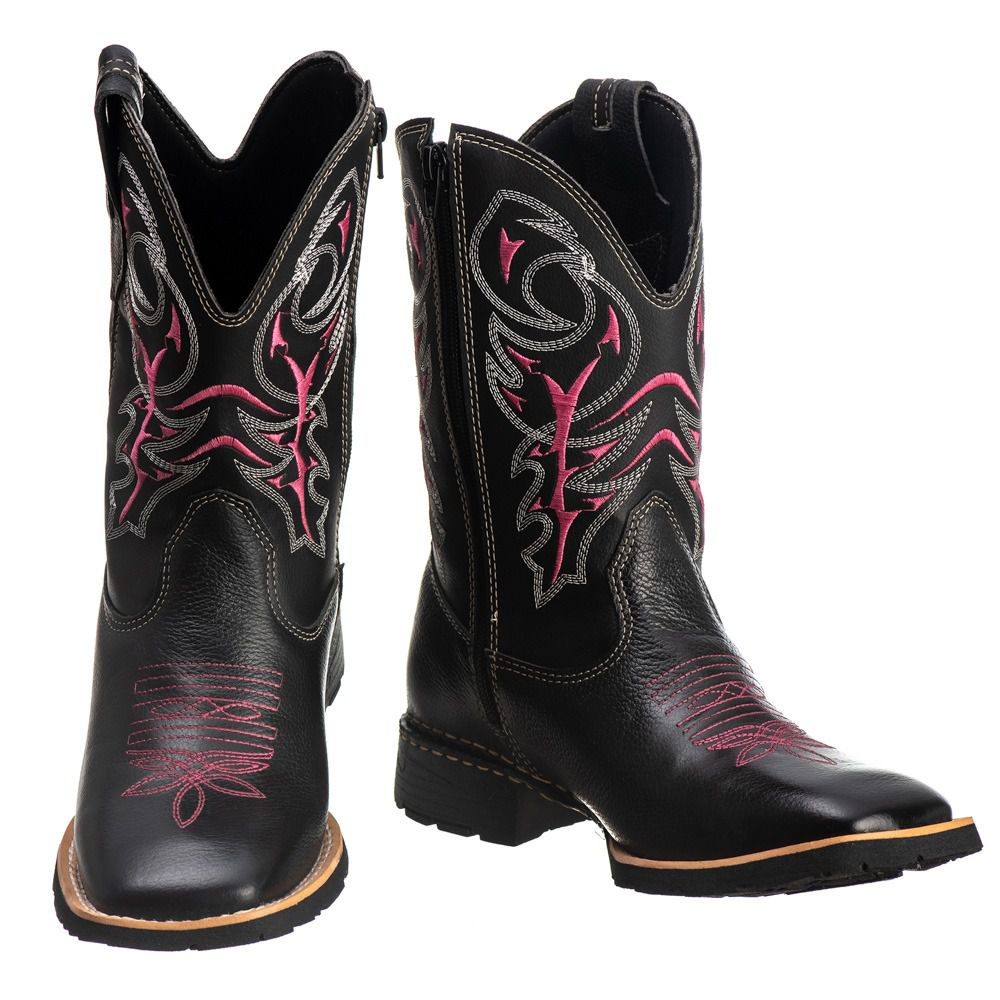 Bota Texana Feminina Couro Legítimo Preto/Rosa, Cano Alto Bordado, Conforto Duradouro