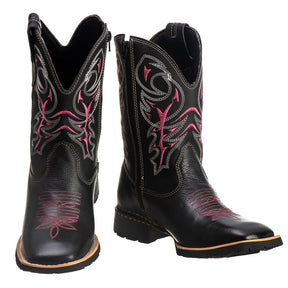 Bota Texana Feminina Couro Legítimo Preto/Rosa, Cano Alto Bordado, Conforto Duradouro