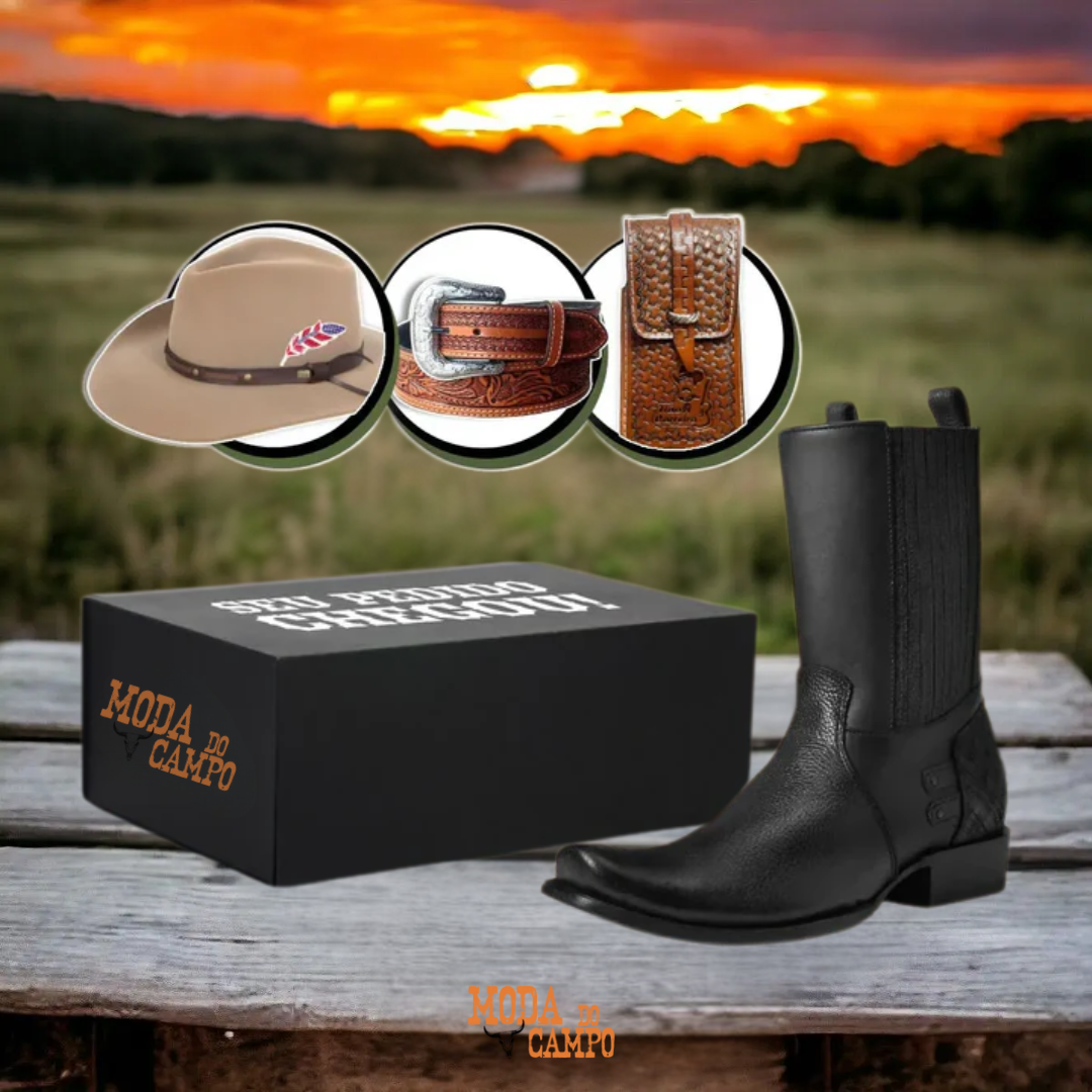 Kit Bota Maverick Masculino de Couro Legítimo com 3 Brindes – Cinto, Chapéu e Carteira