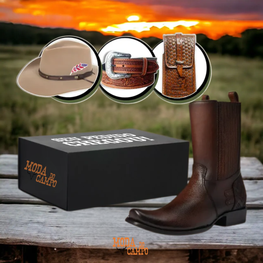 Kit Bota Maverick Masculino de Couro Legítimo com 3 Brindes – Cinto, Chapéu e Carteira
