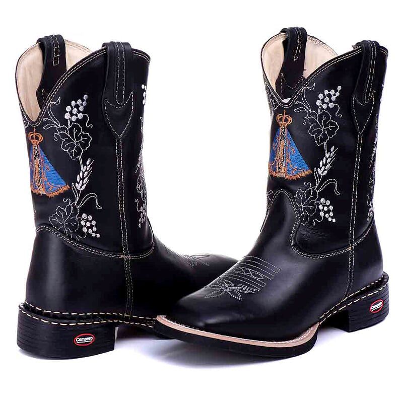 Bota Texana Feminina Couro Preto Bordado Nossa Senhora Conforto Estilo Country Ref. 709