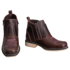 Botina Feminina Country Campero Couro Legítimo Conforto Estilo Durável Marrom Rosa