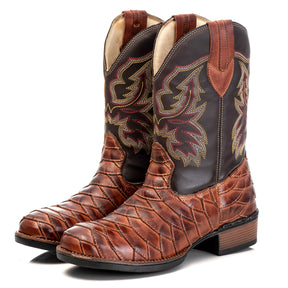 Bota Texana Masculina Escamada Campero Marrom Couro Legítimo Bico Redondo